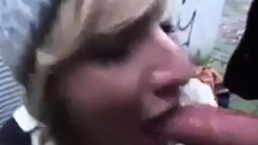 Public deepthroat and walk with cum on face biiitch